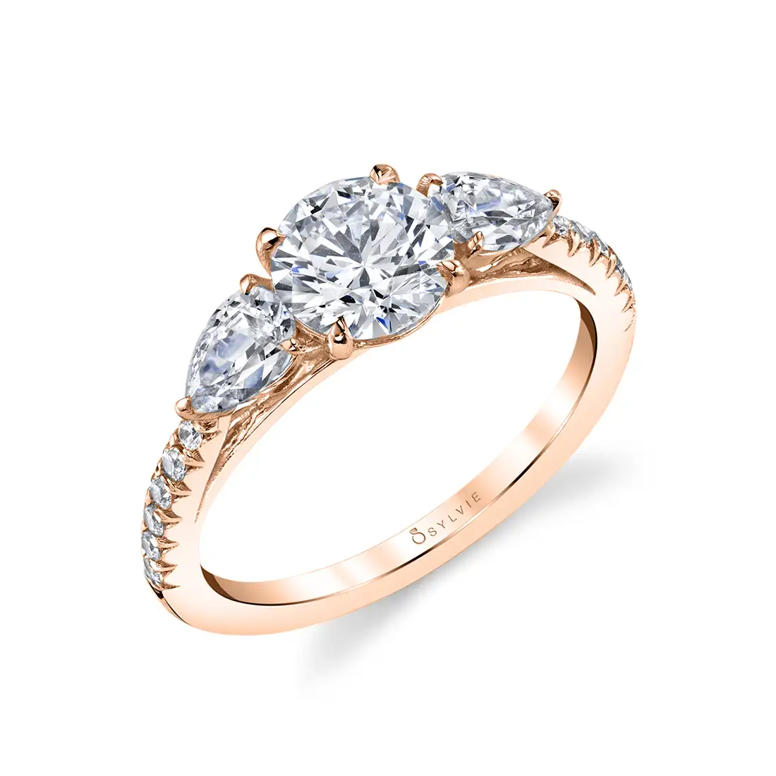 3 Stone Engagement Ring with Pear Side Stones in Rose Gold - Vanna