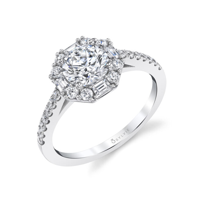 Round Cut With Baguette Halo Engagement Ring - Kira