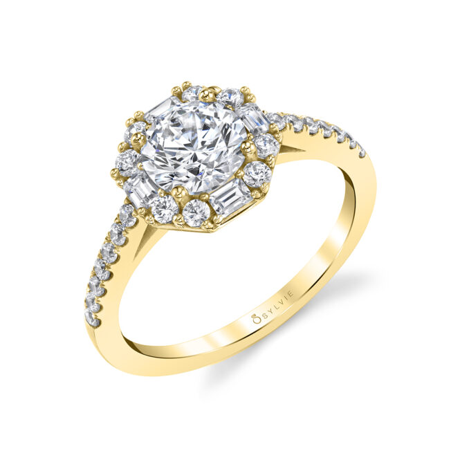 Baguette Halo Engagement Ring in Yellow Gold