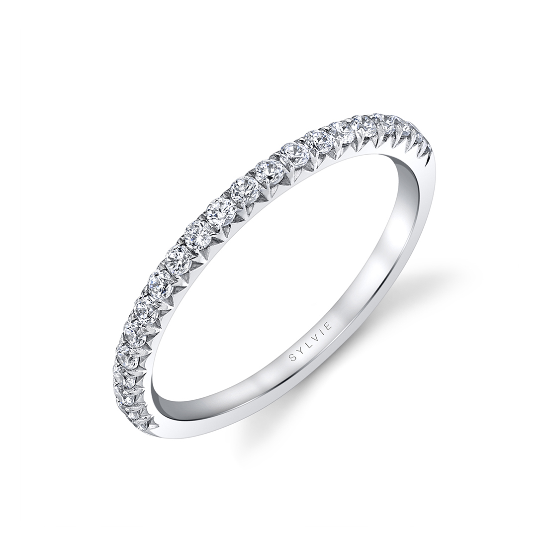 Shared Prong Wedding Band in White Gold