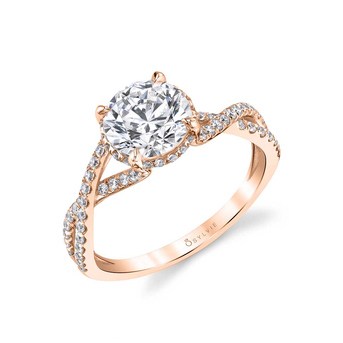 Twisted Engagement Ring with a hidden halo shown in rose gold - Agnia Ring