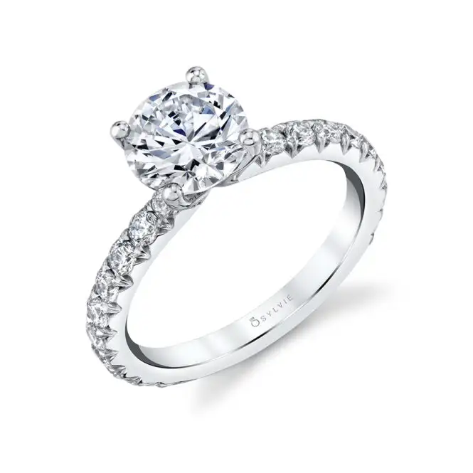 Round Cut White Gold Classic Wide Band Engagement Ring - Querida