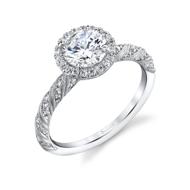 Round Cut Unique Milgrain Diamond Spiral Wedding Ring - Lucia
