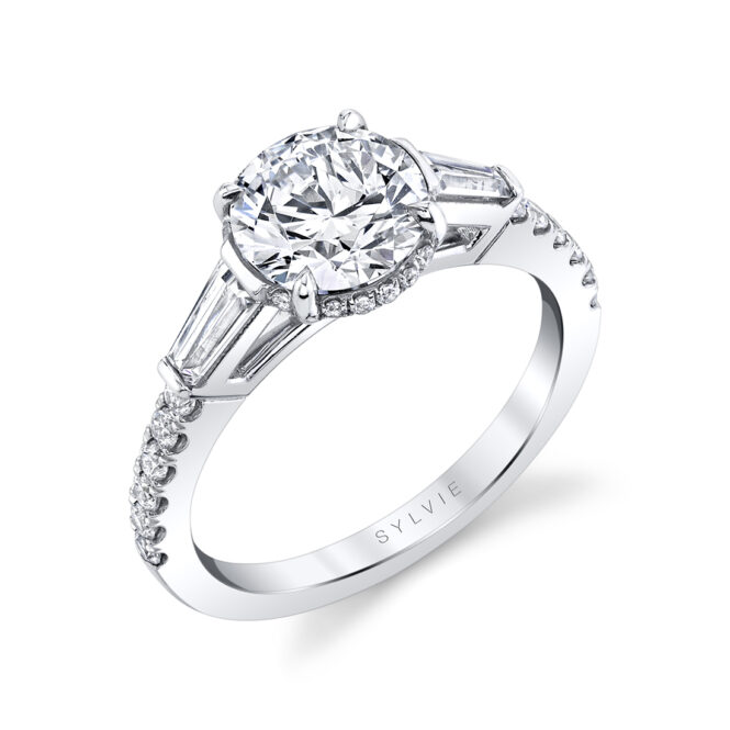 Round Cut Baguette 3 Stone Engagement Ring - Isla