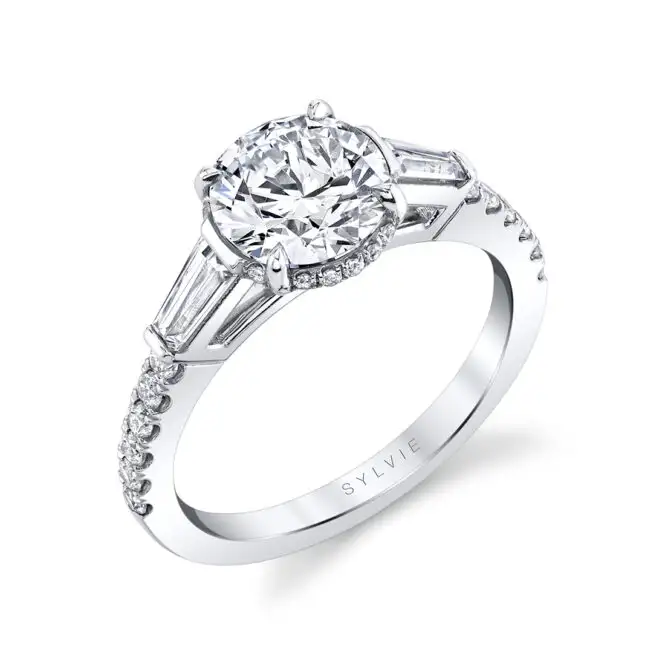White Gold Round Cut Baguette 3 Stone Engagement Ring