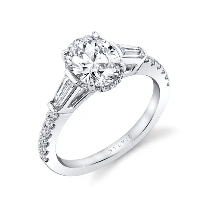 White Gold Oval Cut Baguette 3 Stone Engagement Ring