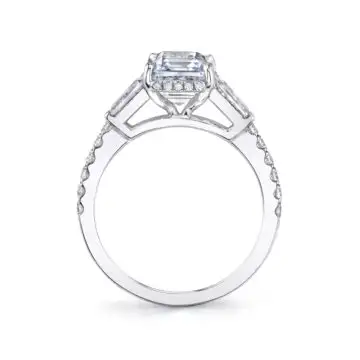 White Gold Round Cut Baguette Three Stone Engagement Ring - Isla
