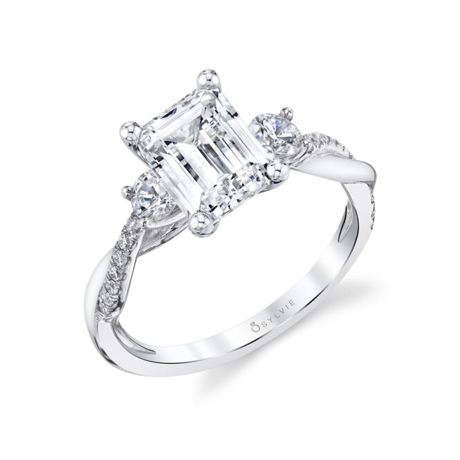 Side view of a 3 Stone Engagement Ring with Spiral Band - Evangeline - S