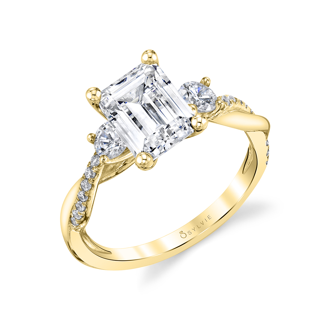 Emerald Cut Three Stone Spiral Engagement Ring - Evangeline - Sylvie ...