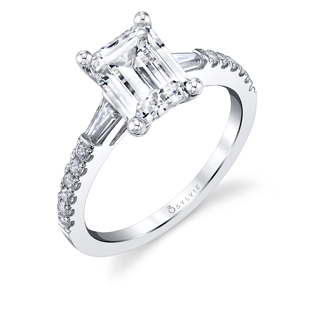 Black Rutilated Quartz Engagement Ring Diamond Band 8x10mm Emerald Cut|  BBBGEM