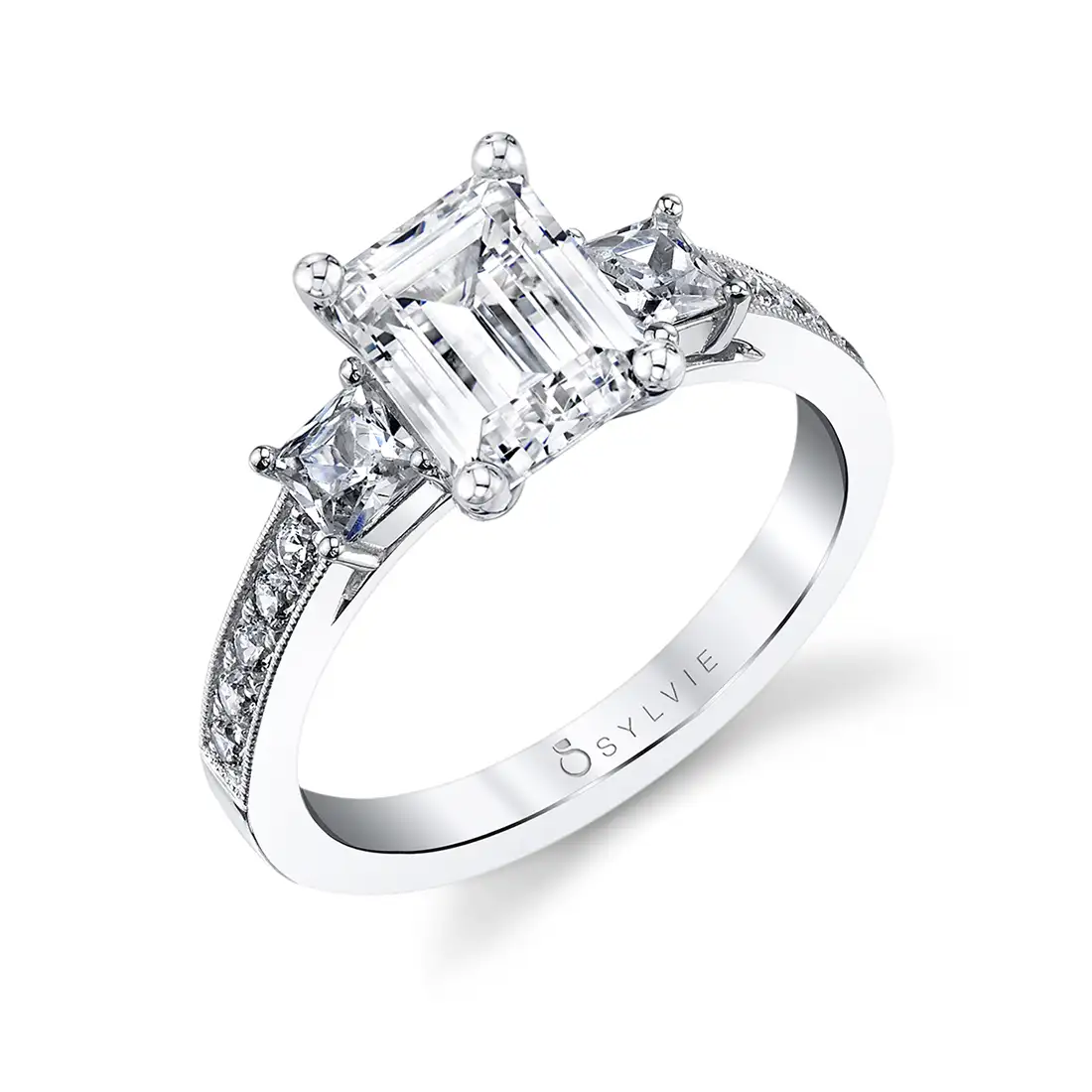 Three Stone Emerald Cut Engagement Ring, Trapezoid Sides - Nathan Alan