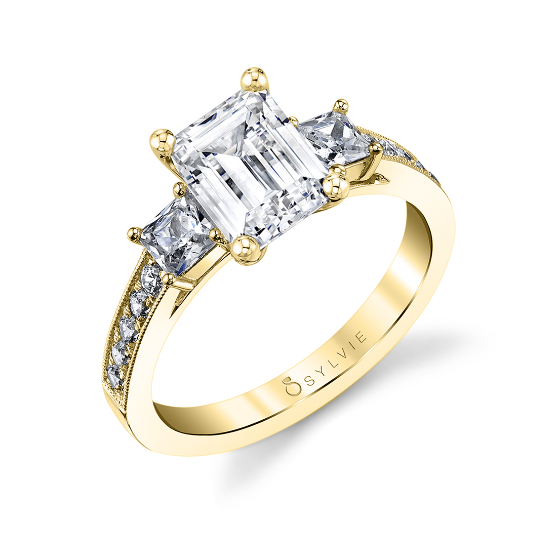 Hidden Accent Emerald Cut Three Stone Bridge Classic Diamond Engagement Ring 14kt Yellow Gold (Setting Price) by with Clarity
