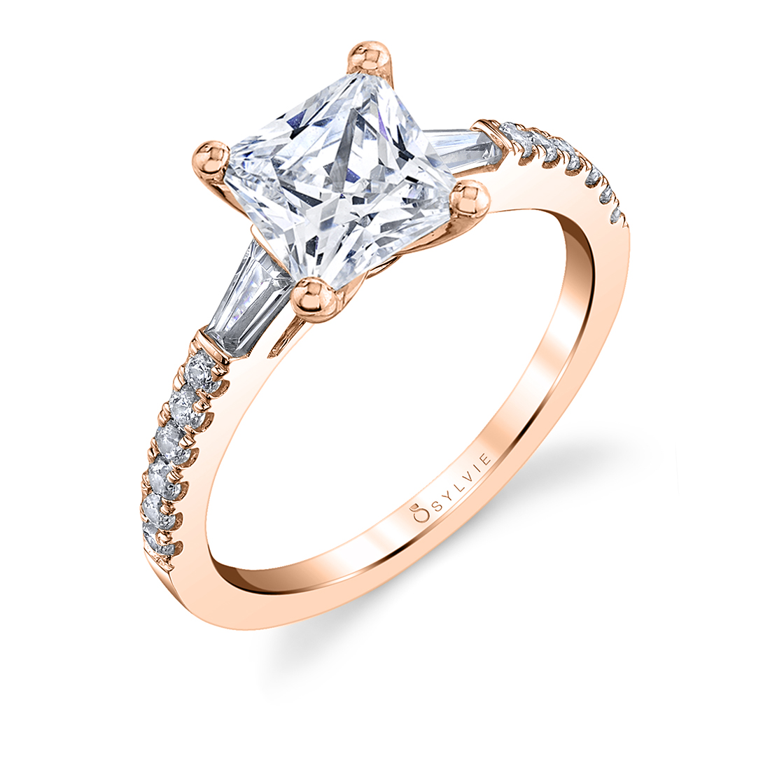 Princess cut engagement ring with baguettes