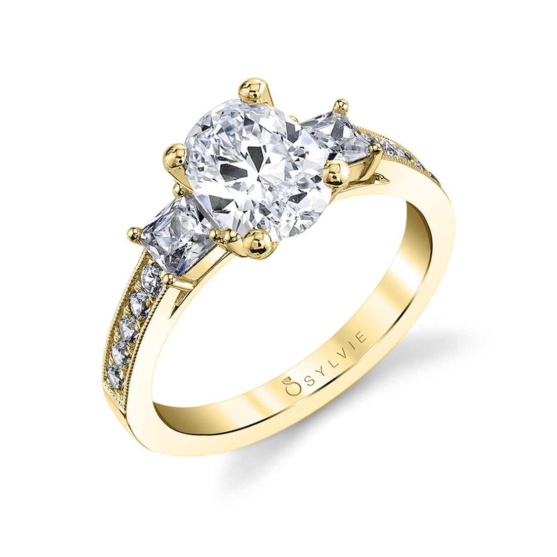 3 stone oval engagement ring princess side stones in yellow gold style number 