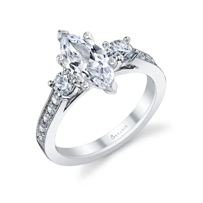 White Gold Marquise Cut Vintage Inspired Three Stone Engagement Ring