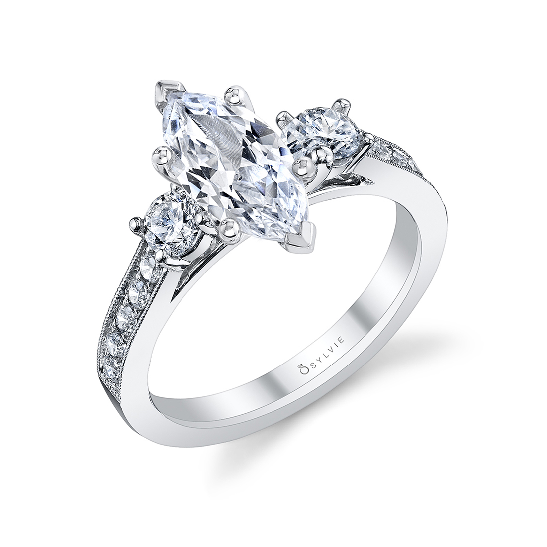 3 stone marquise engagement ring in white gold