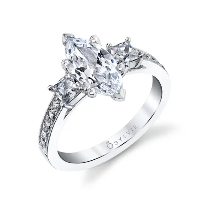 White Gold Marquise Cut Three Stone Engagement Ring With Princess Side Stones