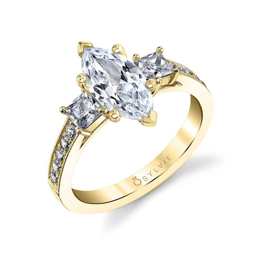 marquise 3 stone ring in yellow gold