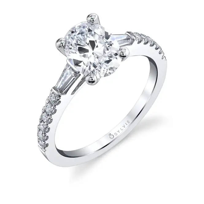 White Gold Oval Cut Three Stone Engagement Ring with Baguettes