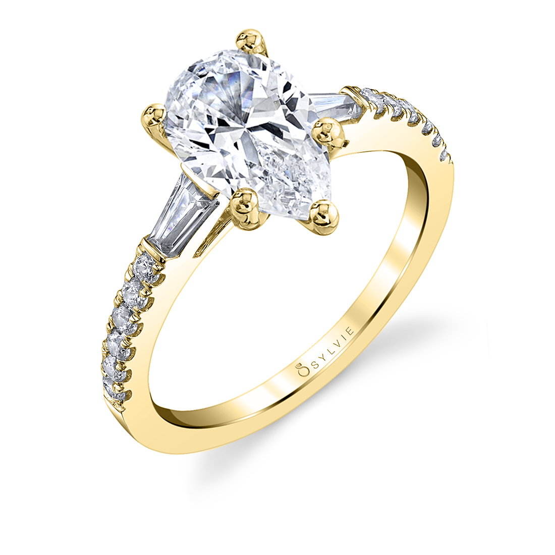 1.00 carat trilogy ring in white gold with pear diamond and tapered  baguettes - BAUNAT