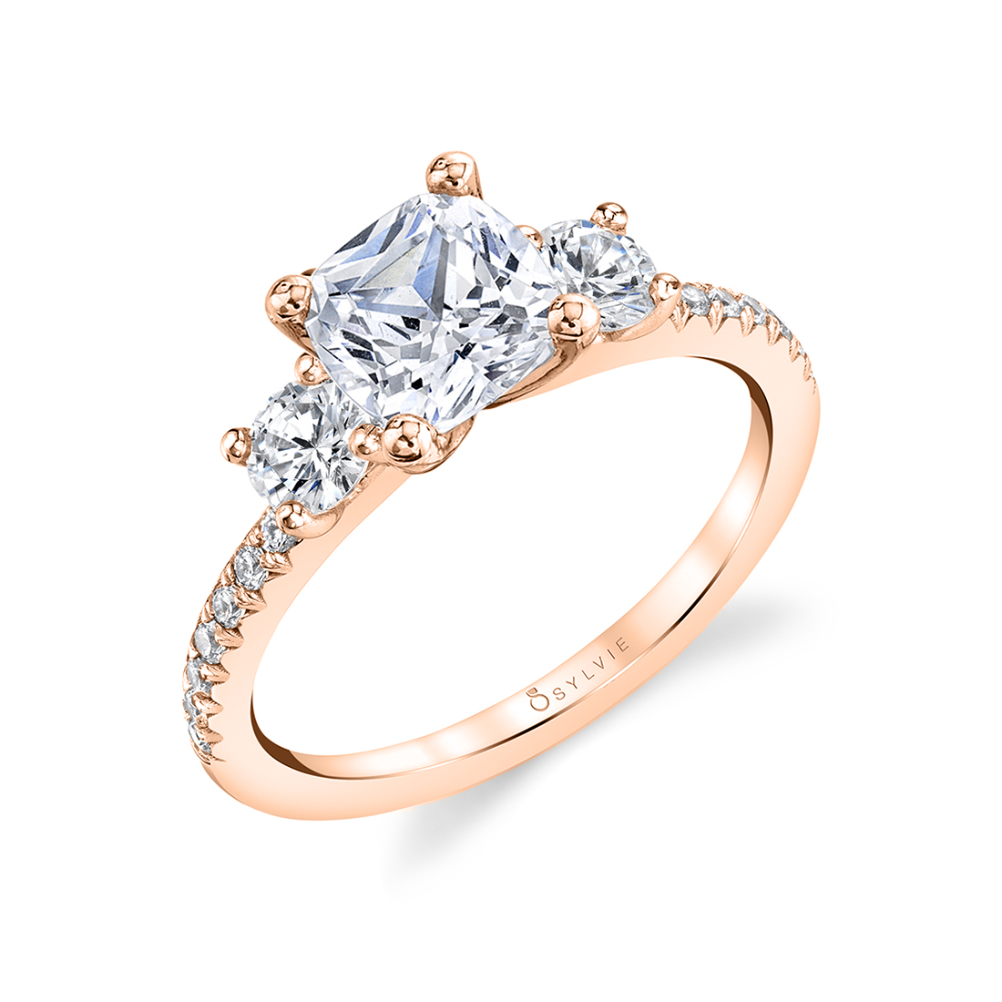 3 stone cushion cut engagement ring in rose gold