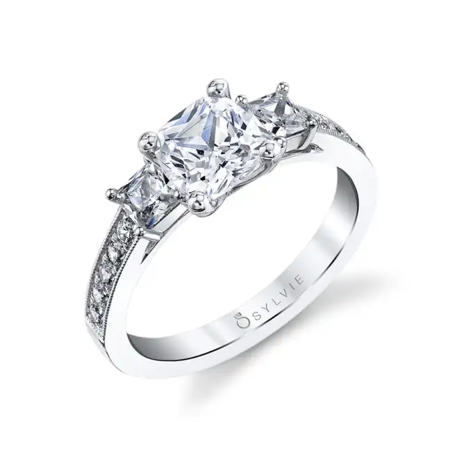 White Gold Cushion Cut Three Stone Engagement Ring With Princess Side Stones