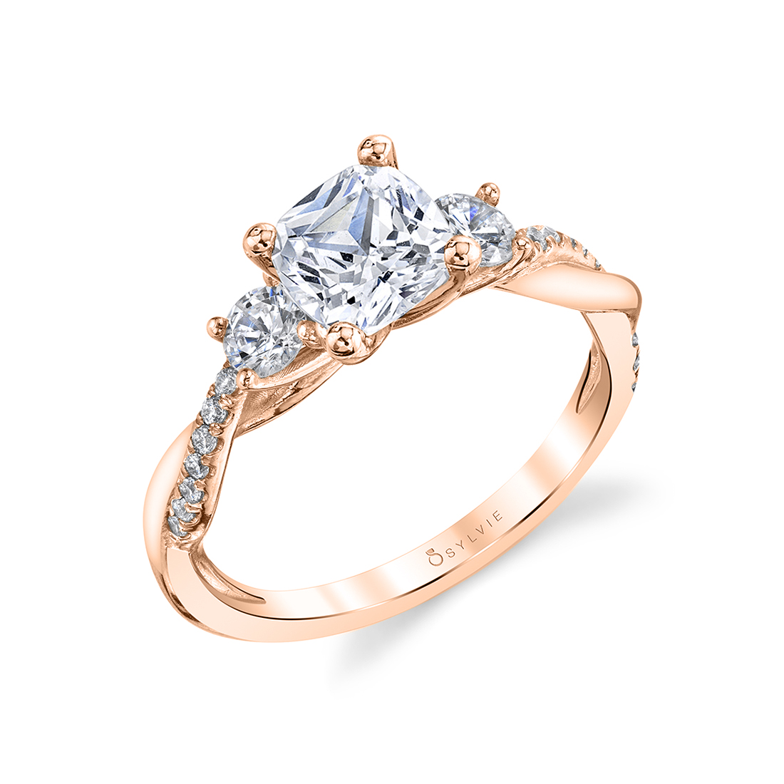 cushion cut spiral engagement ring in rose gold