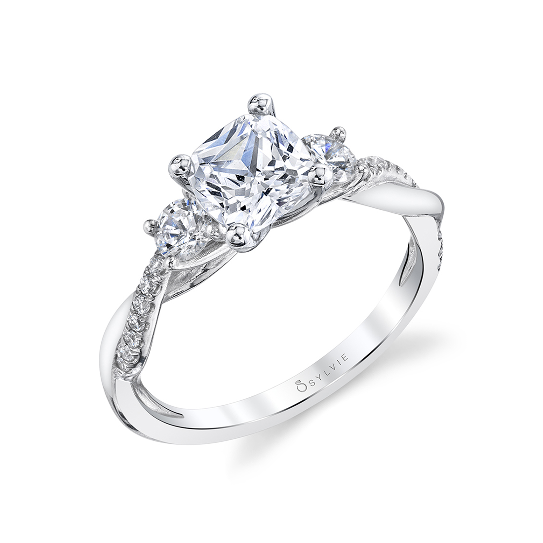 cushion cut three stone twist engagement ring in white gold
