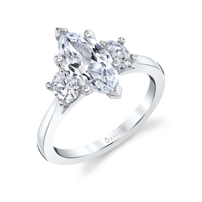 marquise engagement ring with oval side stones in white gold
