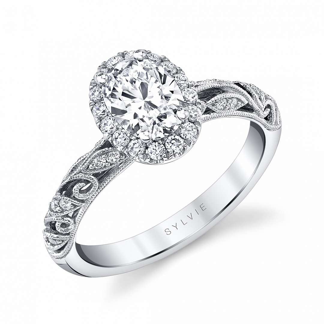 vintage oval engagement ring in white gold