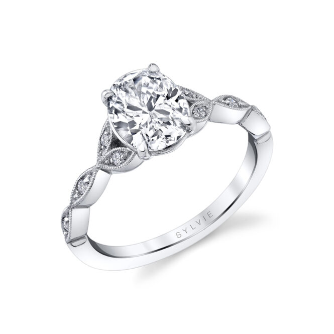 unique vintage inspired oval engagement ring in white gold
