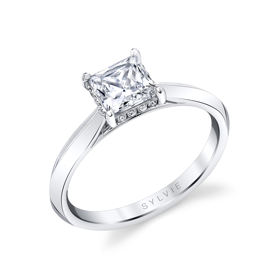 princess cut hidden halo engagement ring in white gold