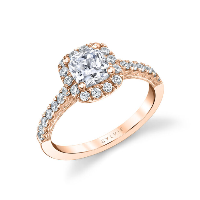 cushion cut engagement ring with halo in rose gold