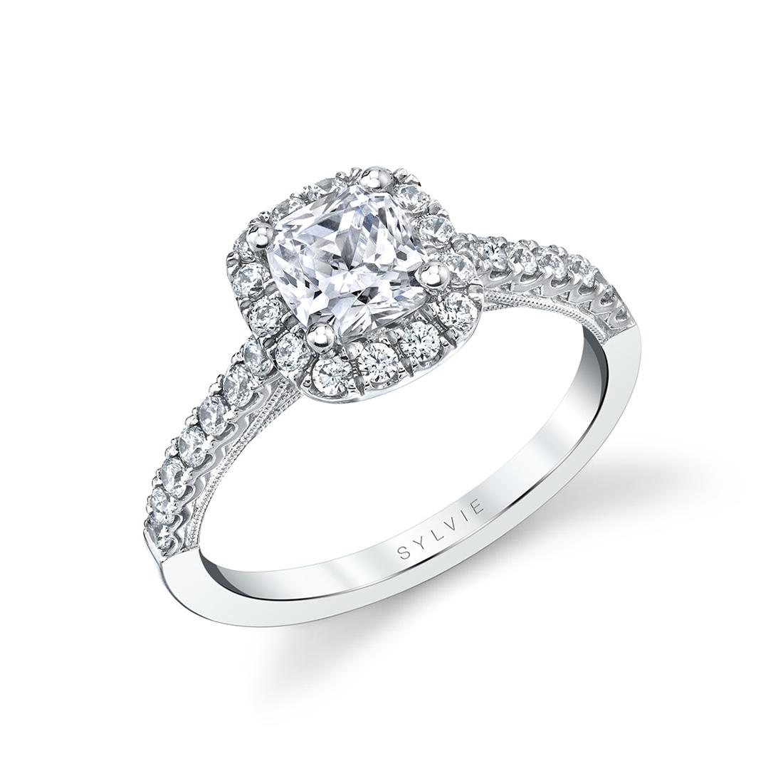 cushion cut engagement ring with halo in white gold