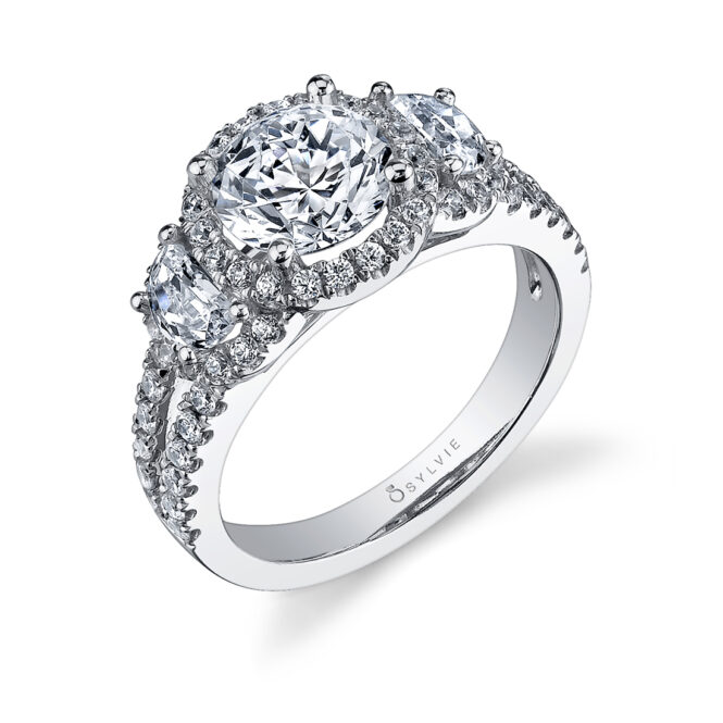 three stone engagement ring with half moon side stones