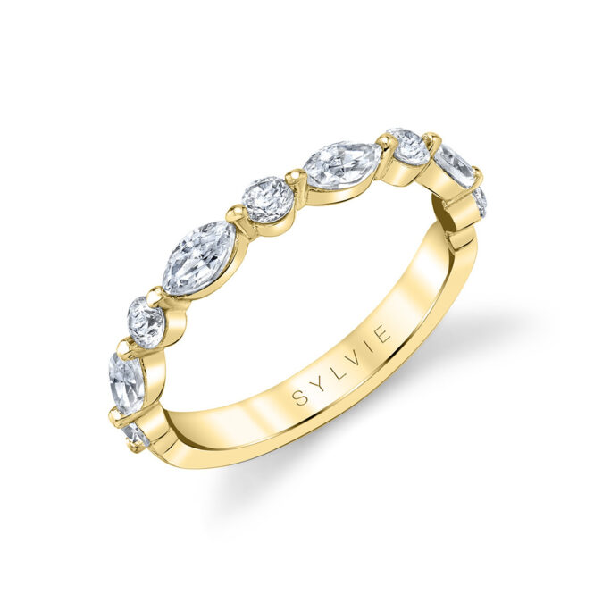 marquise wedding band with shared prongs in yellow gold
