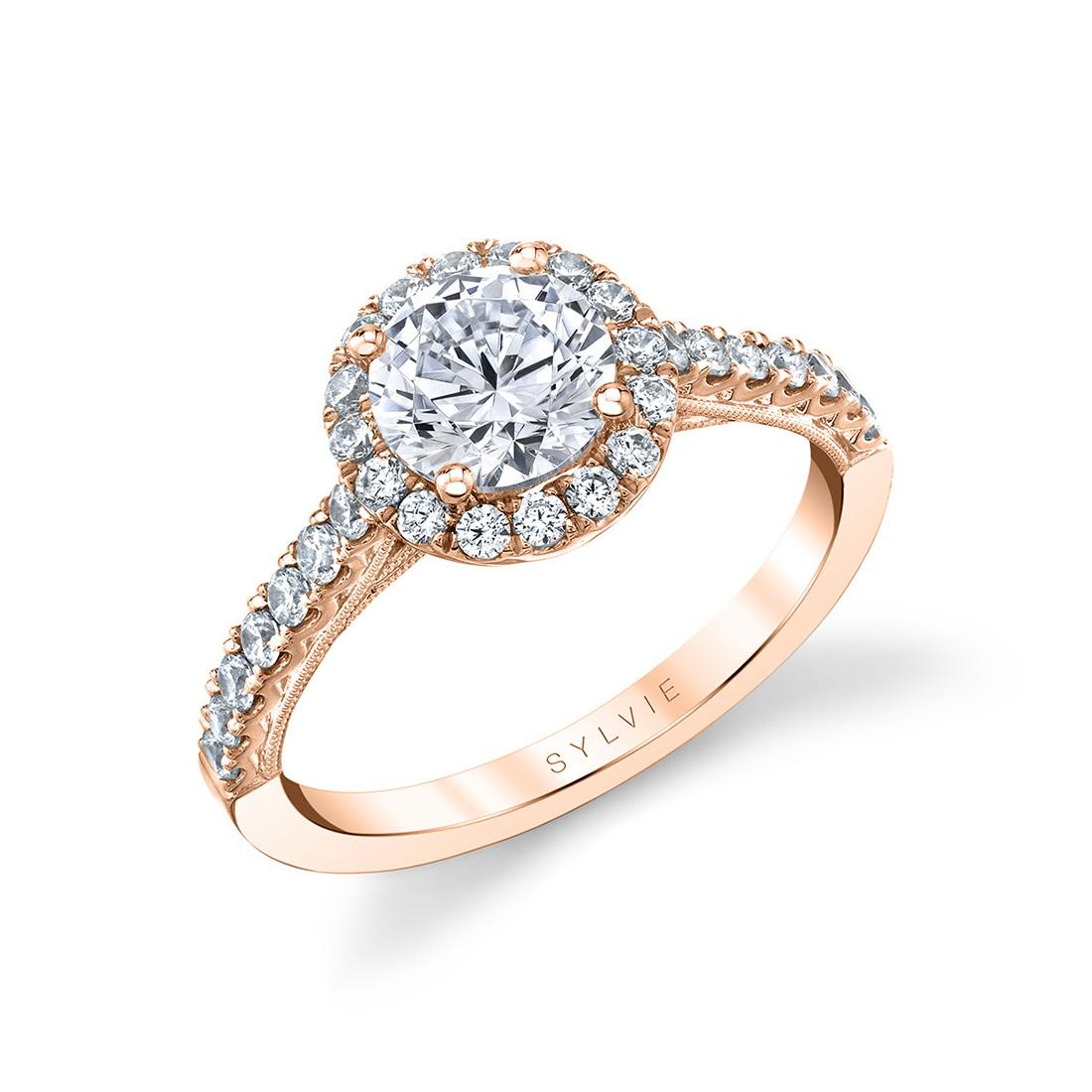 modern halo engagement ring in rose gold