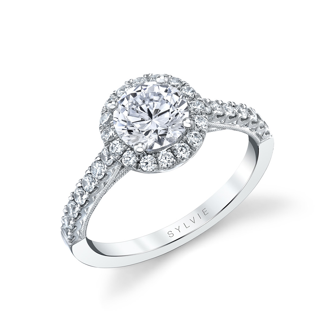 modern halo engagement ring in white gold