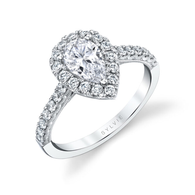 pear shaped halo engagement ring in white gold