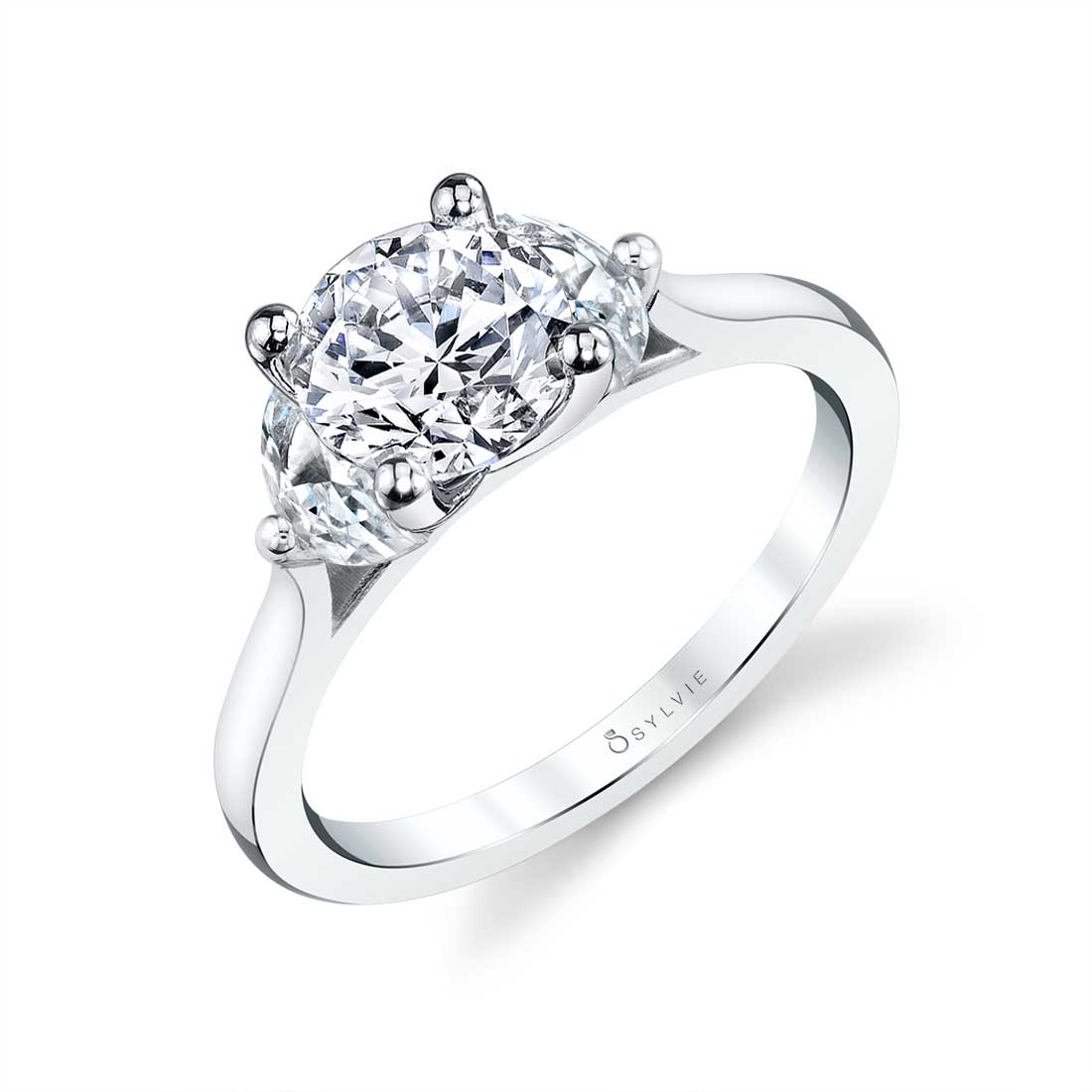 three stone engagement ring with half moon side stones