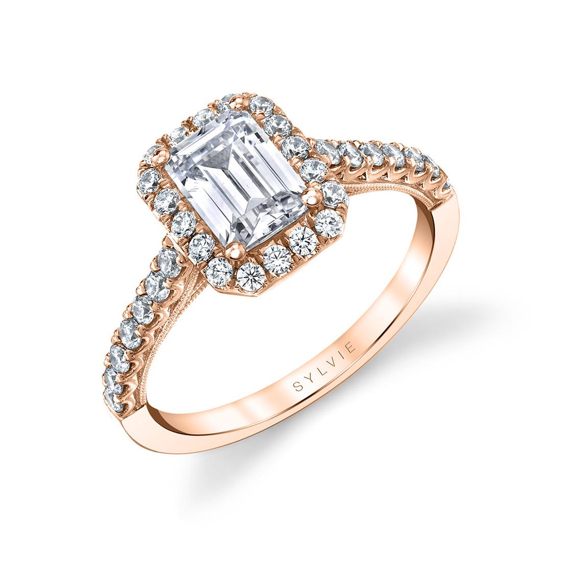 unique emerald cut halo engagement ring in rose gold