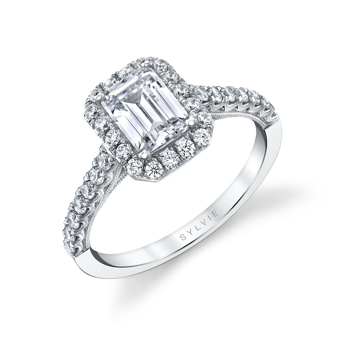 unique emerald cut halo engagement ring in white gold