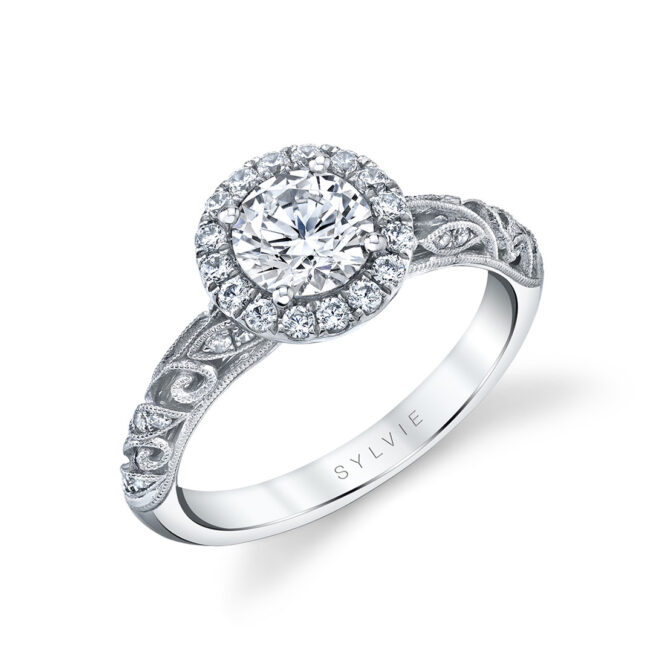 vintage halo engagement ring in white gold