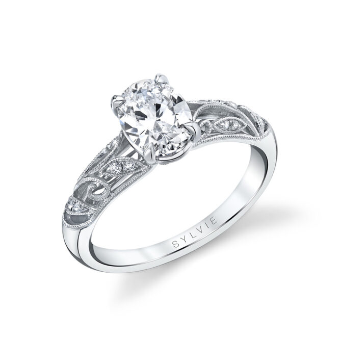vintage inspired oval engagement ring in white gold
