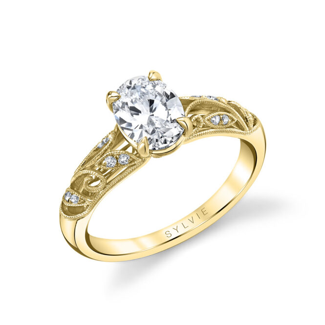 vintage inspired oval engagement ring in yellow gold