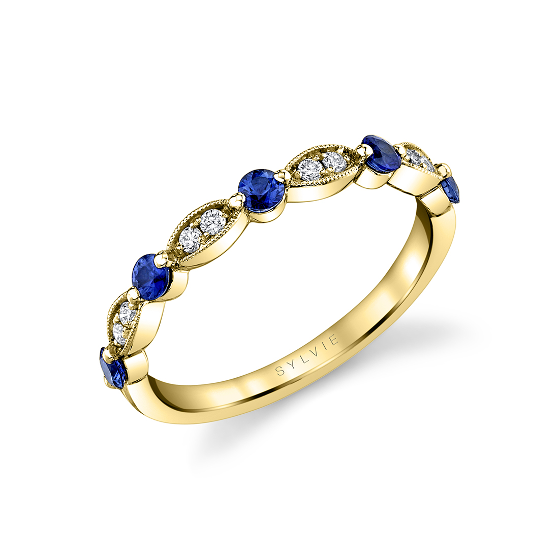 Blue Sapphire Stackable Wedding Band in Yellow Gold