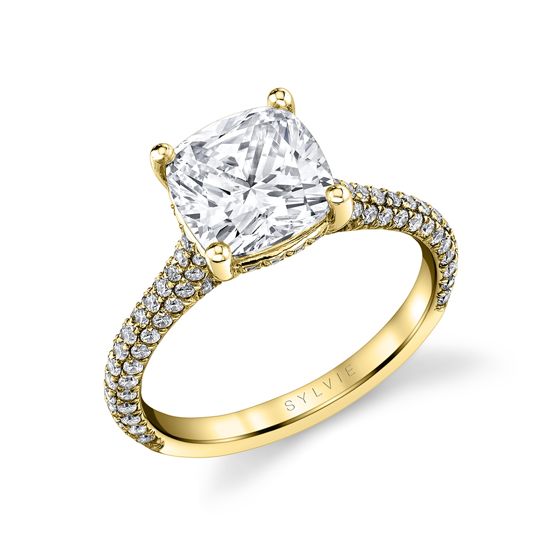 cushion cut pave engagement ring with hidden halo in yellow gold