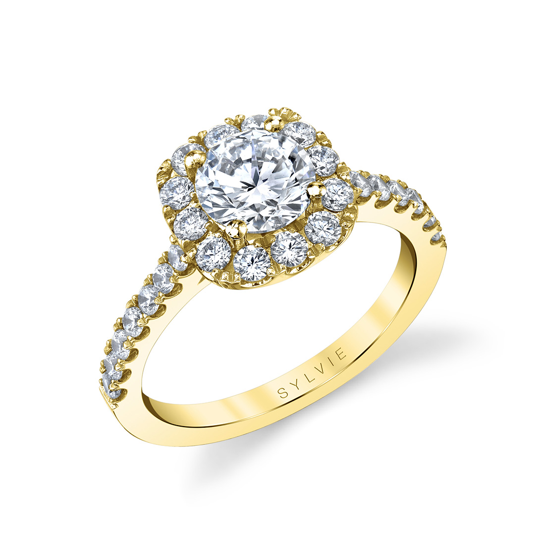 round cushion halo engagement ring in yellow gold