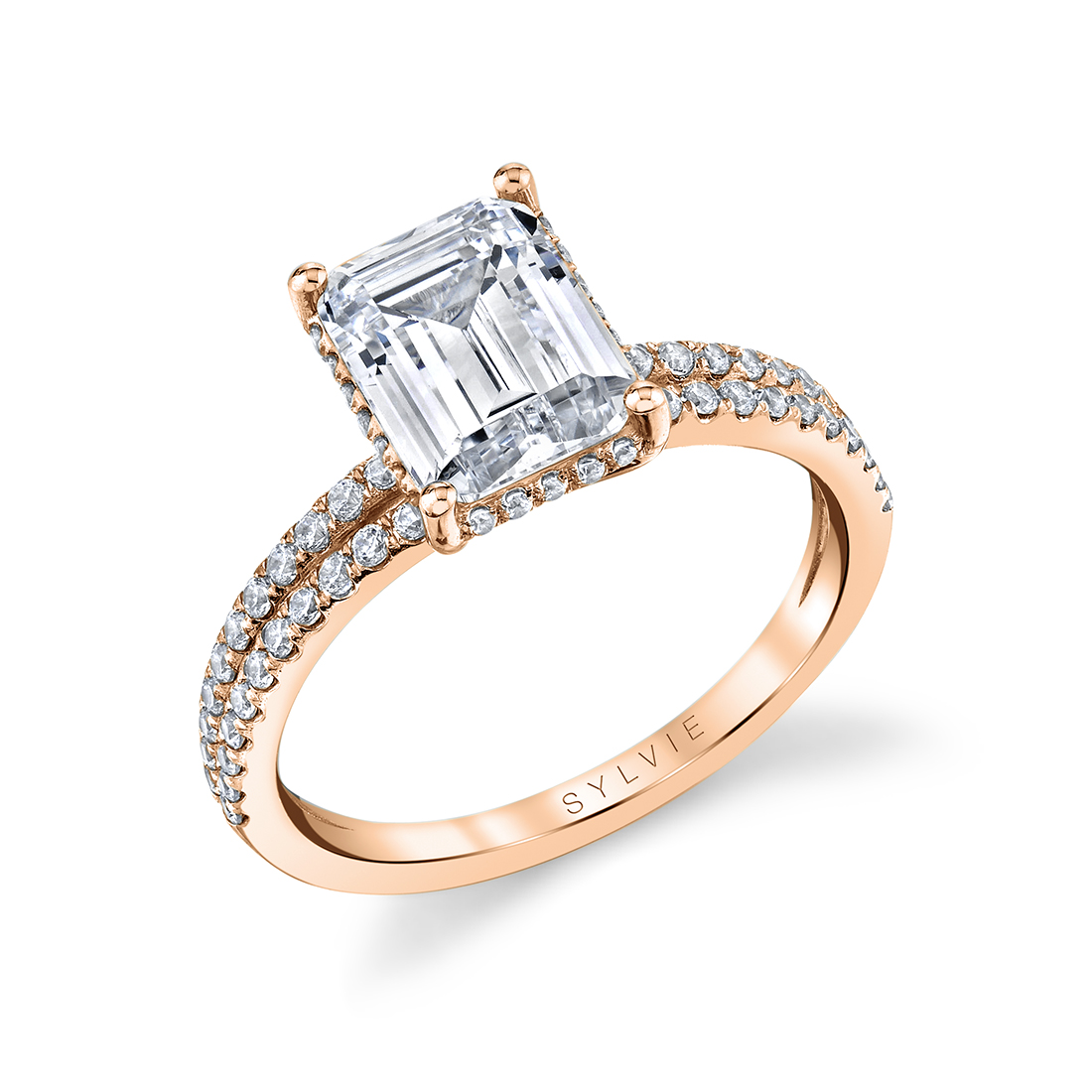 White Gold Emerald Cut Hidden Halo Engagement Ring With Split Shank – Halle
