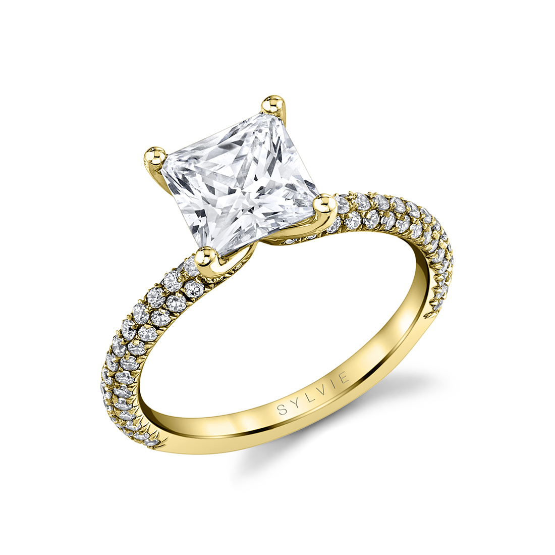 princess cut pave ring in yellow gold